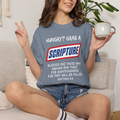 Scripture Snack T-Shirt — "Hungry? Grab a Scripture" Matthew 5:6 Christian Tee
