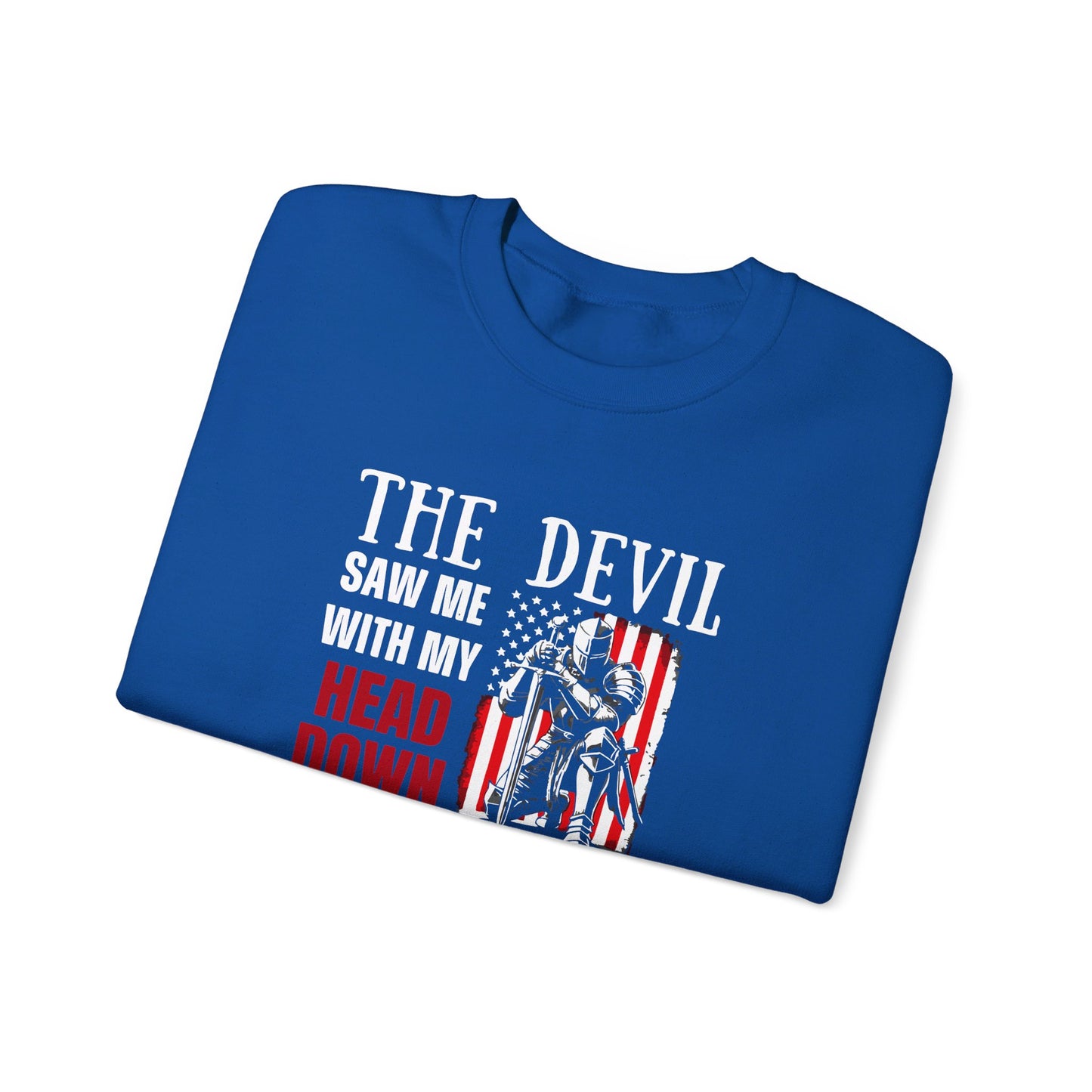 The Devil Saw Me With My Head Down And Thought He'd Won Until I Said Amen American Patriotic Flag Unisex Heavy Blend™ Crewneck Christian Sweatshirt