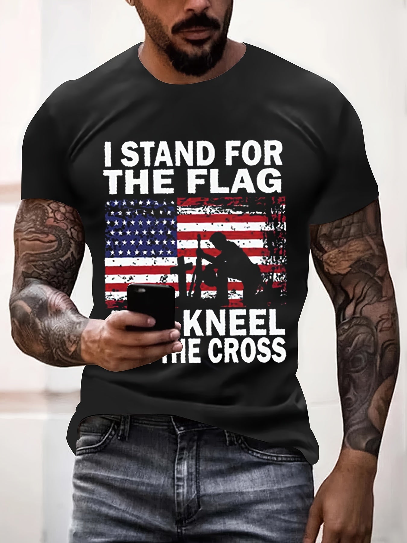 I Stand For The Flag And Kneel For The Cross Patriotic American Flag Men's Christian T-shirt claimedbygoddesigns