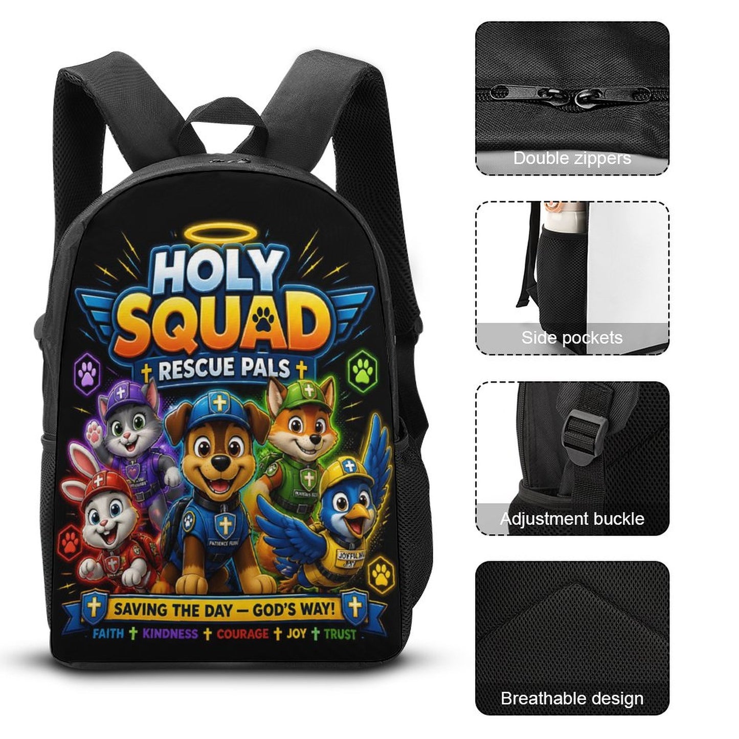 Holy Squad Rescue Pals (2) Christian 3 PCS Bag Set (Backpack, Lunch Bag and Pencil Case) - ClaimedbyGodDesigns