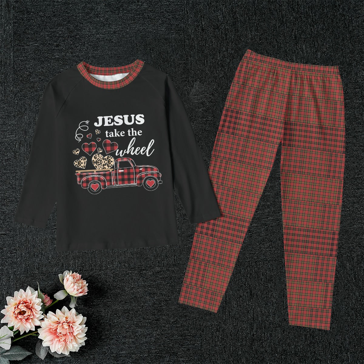 Take The Wheel Christian Kid's Raglan Sleeve Pajamas With Wide Ankles