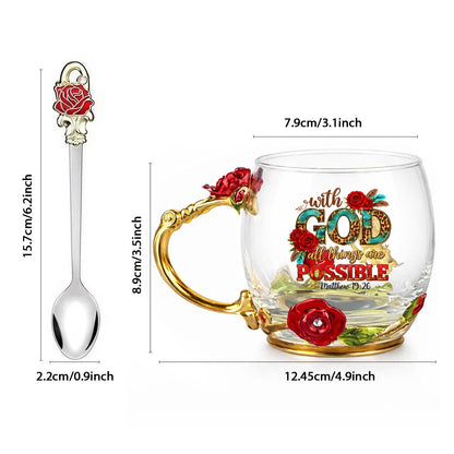With God All Things Are Possible 12oz Enamel Floral Glass Christian Mug With Spoon
