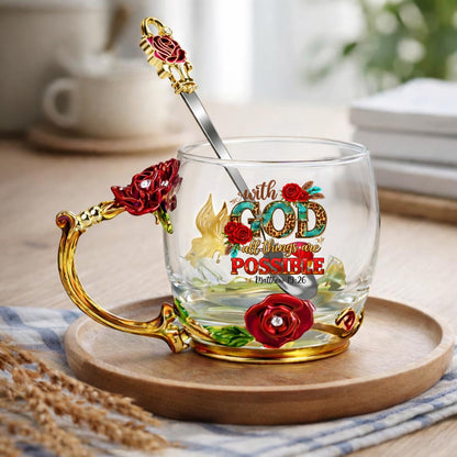 With God All Things Are Possible 12oz Enamel Floral Glass Christian Mug With Spoon