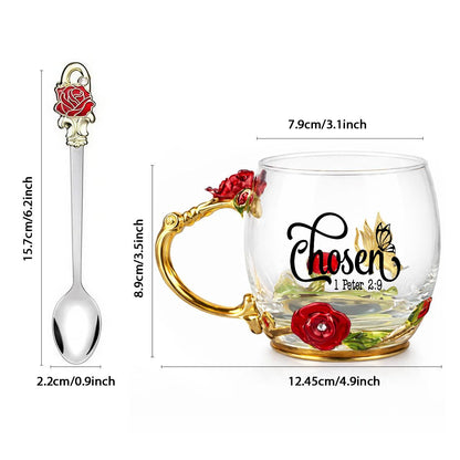 1 Peter 2:9 Chosen 12oz Enamel Floral Glass Christian Mug With Spoon