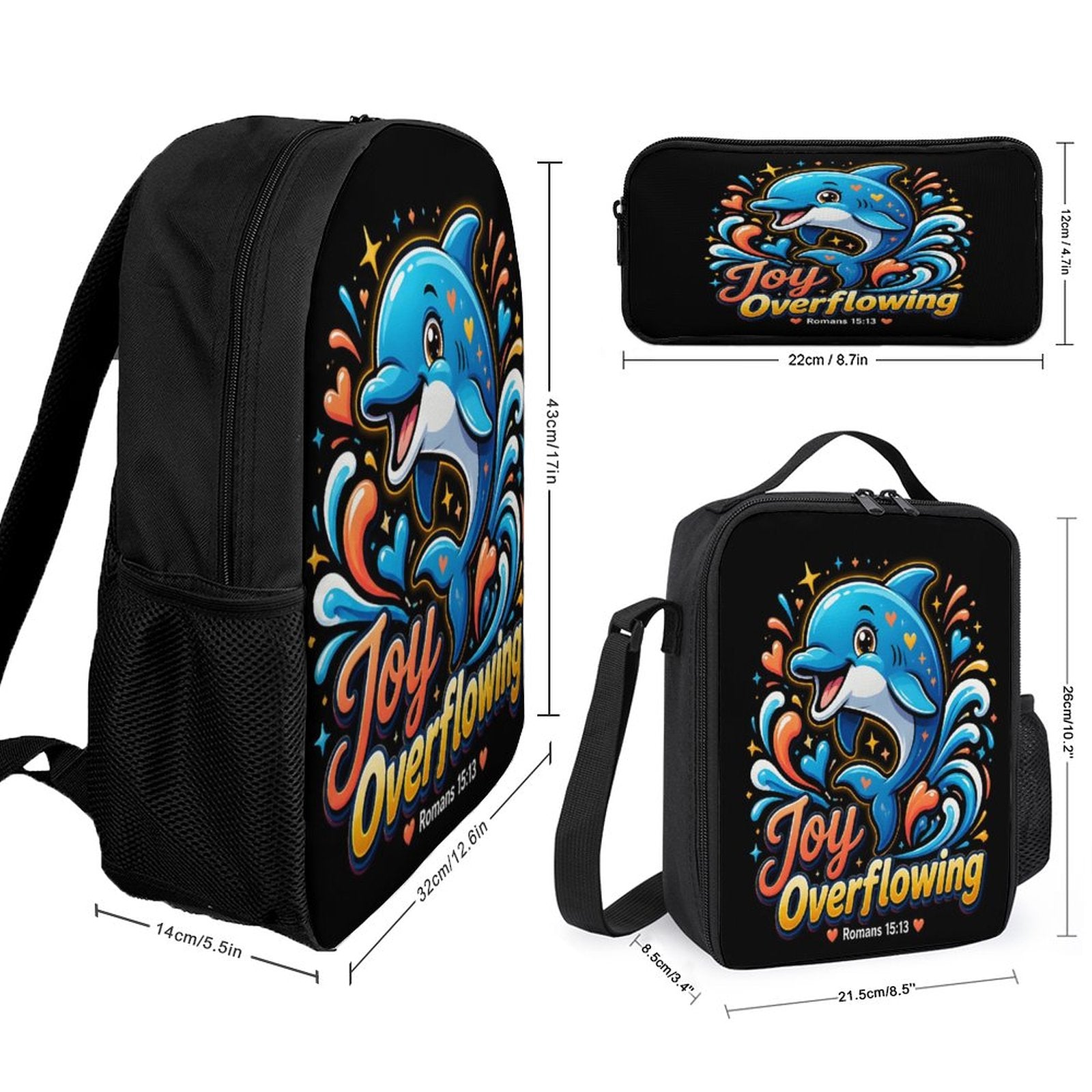 Joy Overflowing Christian 3 PCS Bag Set (Backpack, Lunch Bag and Pencil Case) - ClaimedbyGodDesigns