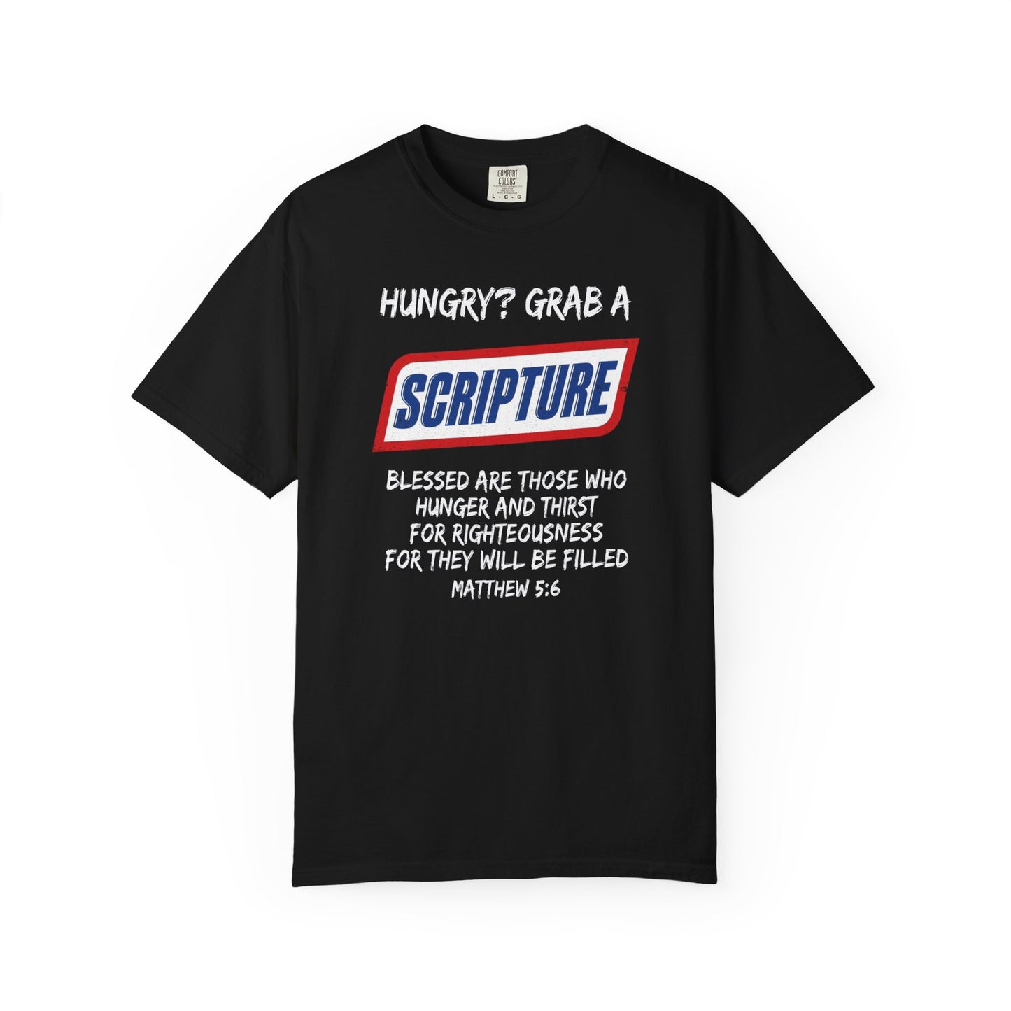 Scripture Snack T-Shirt — "Hungry? Grab a Scripture" Matthew 5:6 Christian Tee