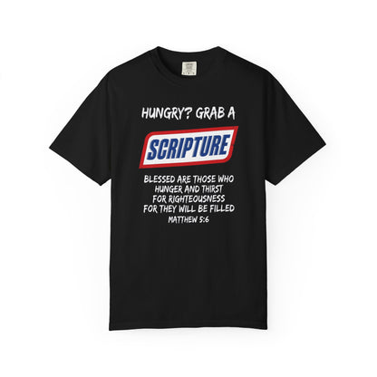 Scripture Snack T-Shirt — "Hungry? Grab a Scripture" Matthew 5:6 Christian Tee