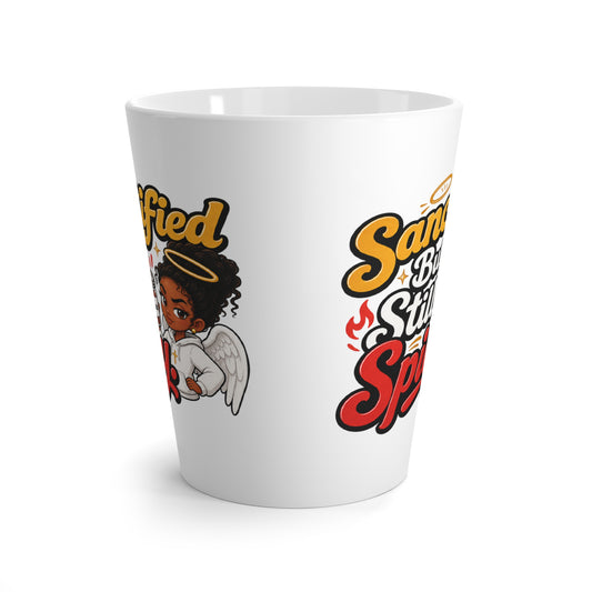 Latte Mug - "Sanctified But Still Spicy" Angel Illustration Coffee Cup - ClaimedbyGodDesigns