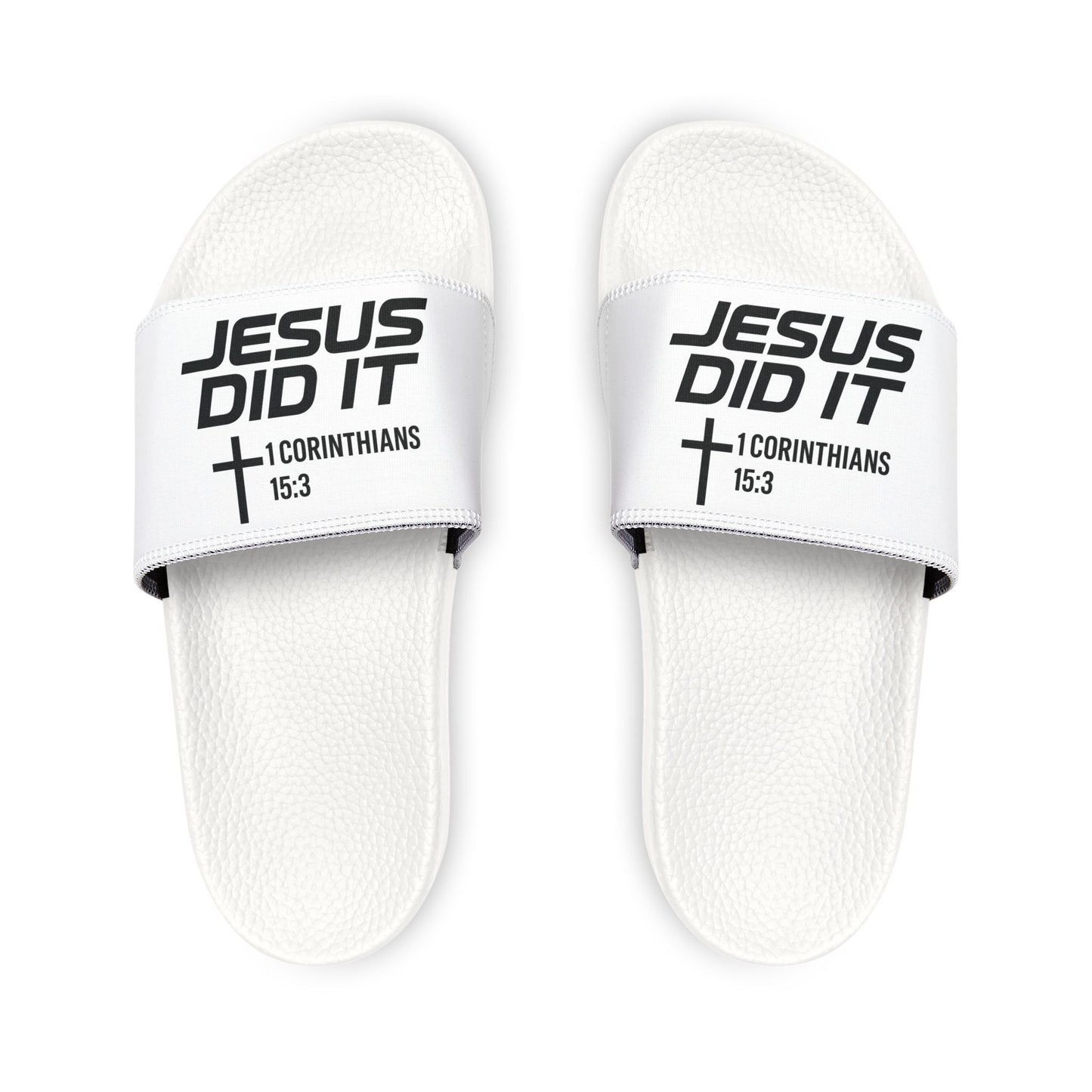 Youth 'He Did It' Christian Slide Sandals — 1 Corinthians 15:3 Faith Slides