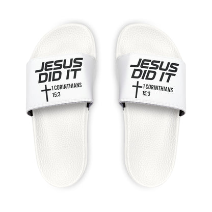 Youth 'He Did It' Christian Slide Sandals — 1 Corinthians 15:3 Faith Slides