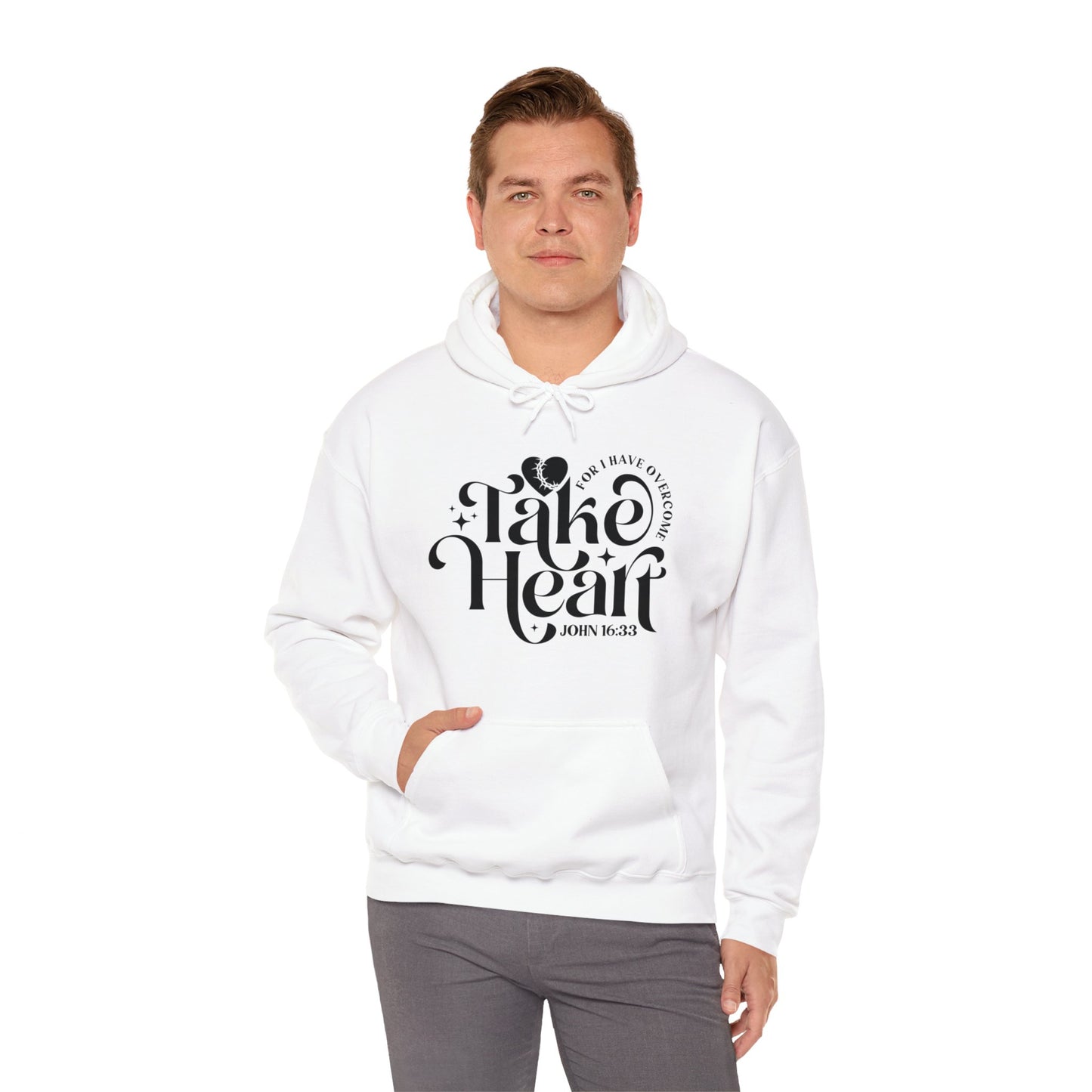 Take Heart For I Have Overcome Unisex Christian Hooded Pullover Sweatshirt