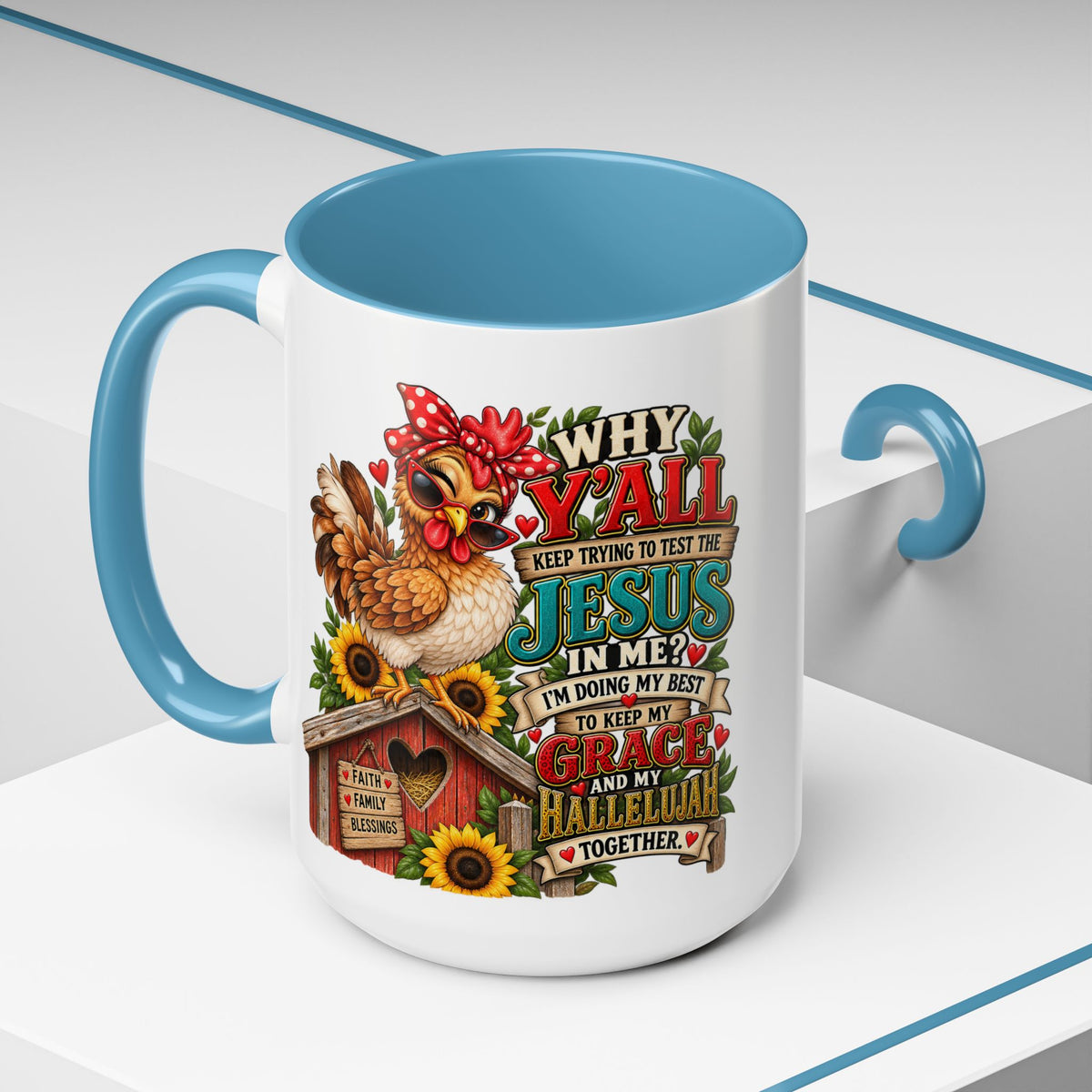 Christian Farmhouse Coffee Mug — "Why Y'all Keep Trying to Put Jesus in Me?" Accent Mug