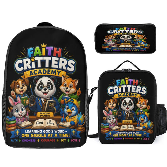 Faith Critters Academy Christian 3 PCS Bag Set (Backpack, Lunch Bag and Pencil Case) - ClaimedbyGodDesigns