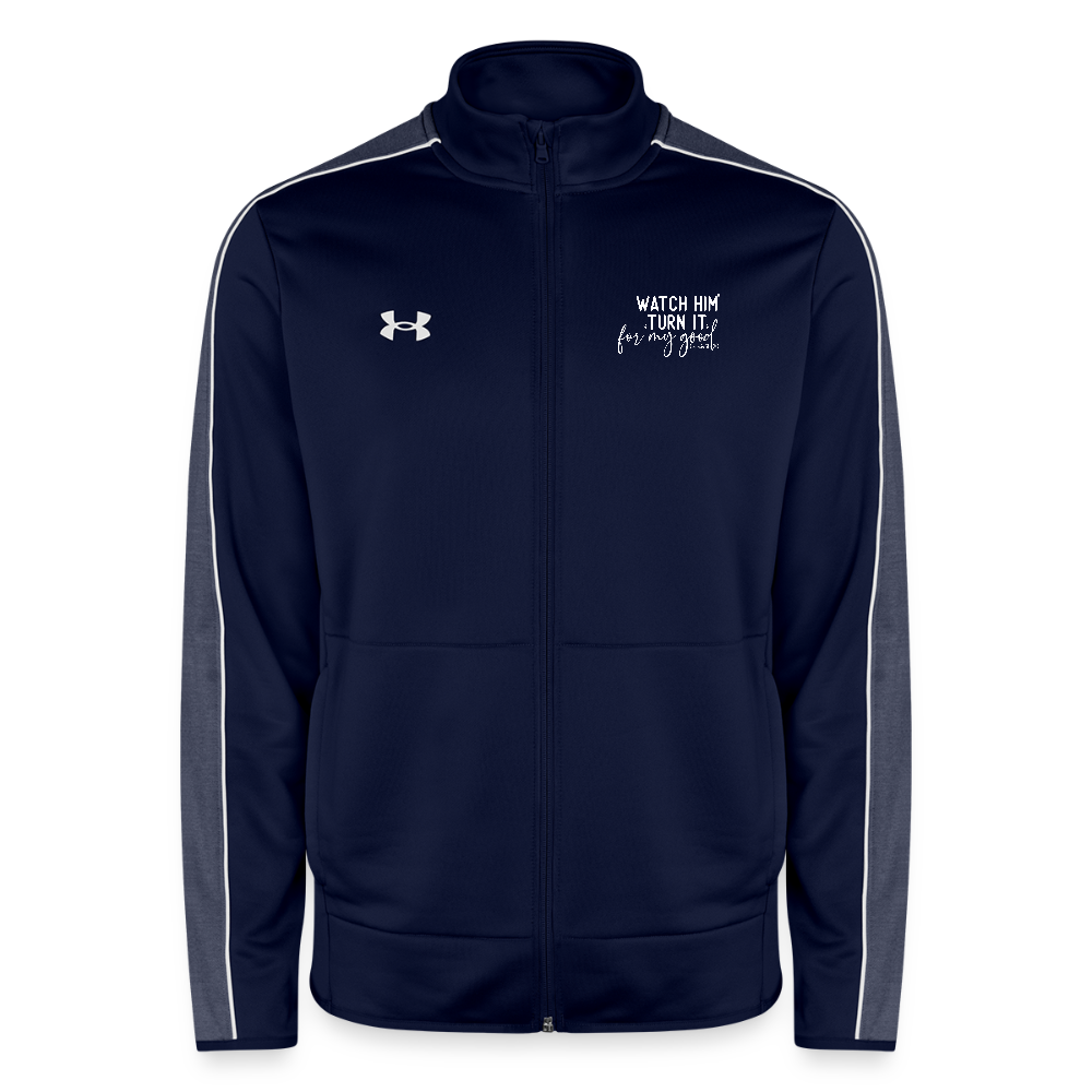 Watch Him Turn It Christian Men's Full Zip Gym Sweater - navy/white
