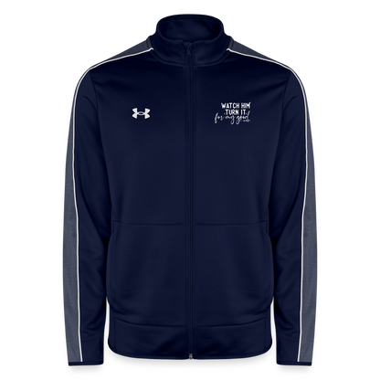 Watch Him Turn It Christian Men's Full Zip Gym Sweater - navy/white