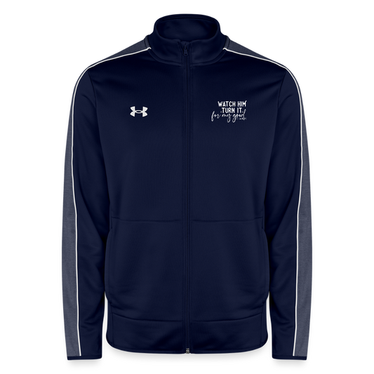 Watch Him Turn It Christian Men's Full Zip Gym Sweater - navy/white