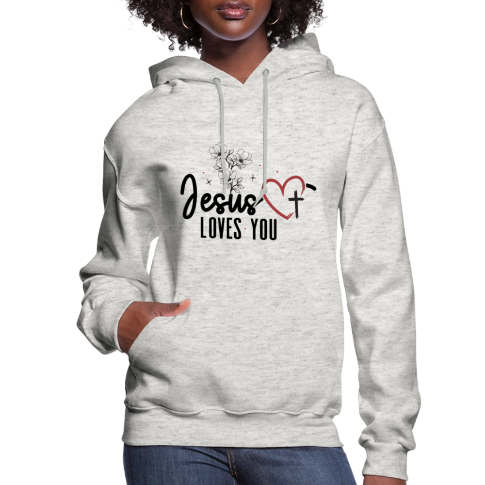 He Loves You Women's Christian Hooded Pullover Sweatshirt - heather oatmeal