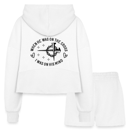 When He Was On The Cross Women's Christian Cropped Hoodie & Jogger Short Set - ClaimedbyGodDesigns