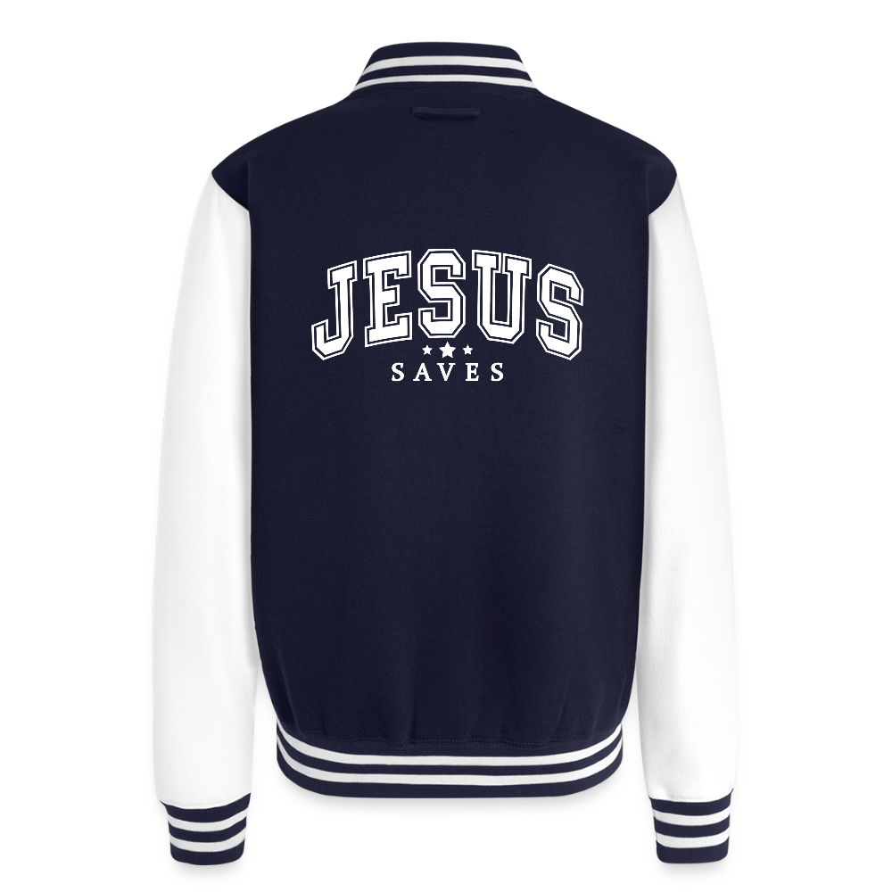 He Saves Men's Christian Heavyweight Letterman Jacket - navy/white