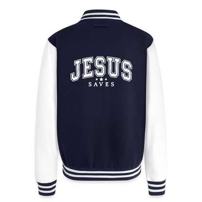 He Saves Men's Christian Heavyweight Letterman Jacket - navy/white