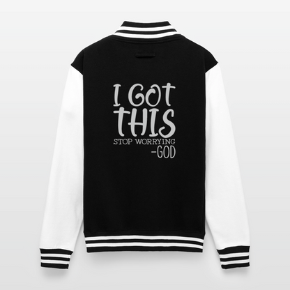 Stop Worrying Men's Christian Heavyweight Letterman Jacket - black/white
