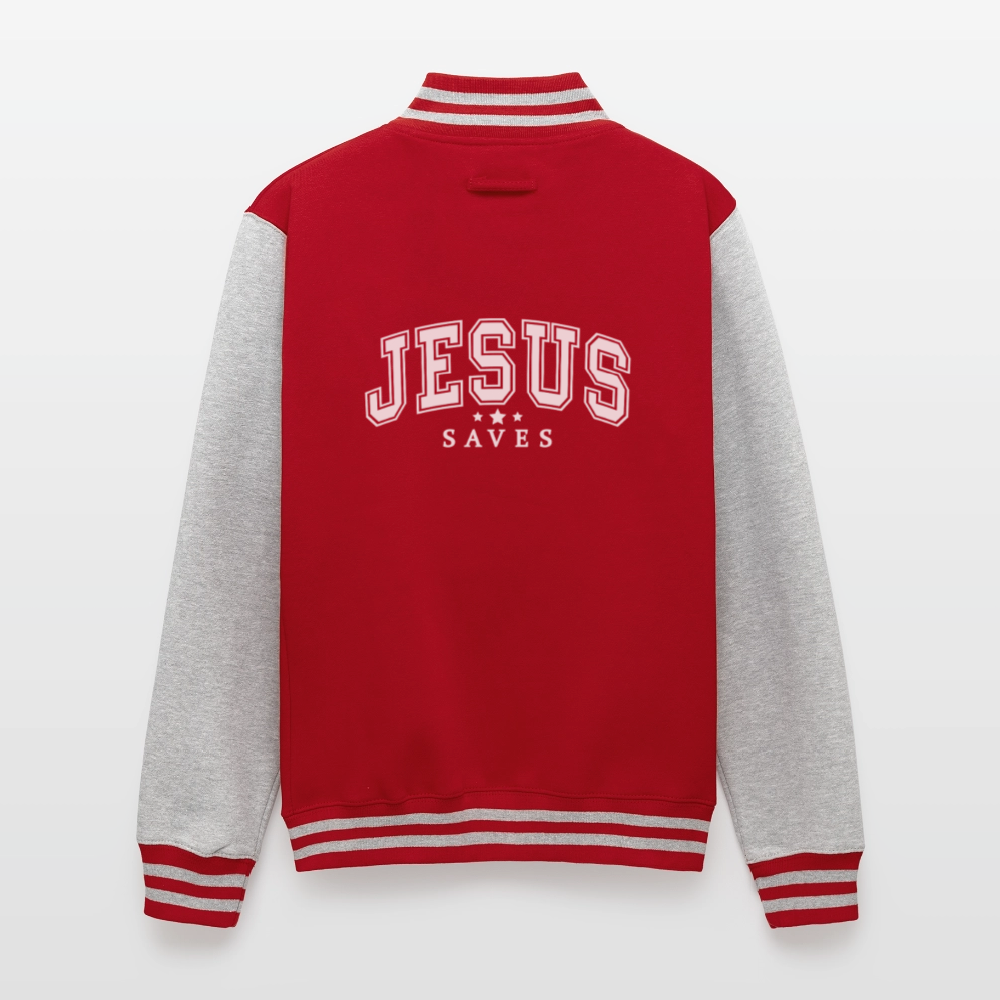 He Saves Men's Christian Heavyweight Letterman Jacket - red/heather grey