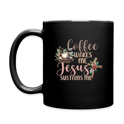 Coffee Wakes Me He Sustains Me Christian Black Ceramic Mug (double sided print) - black