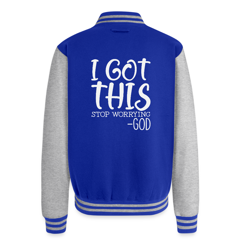 Stop Worrying Men's Christian Heavyweight Letterman Jacket - royal/heather grey