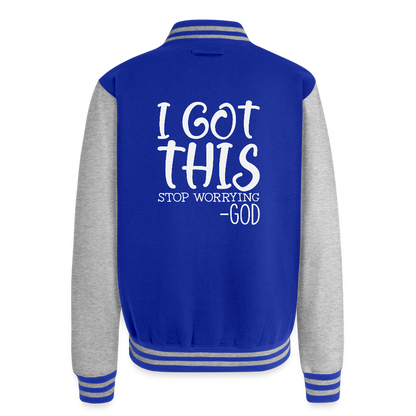 Stop Worrying Men's Christian Heavyweight Letterman Jacket - royal/heather grey