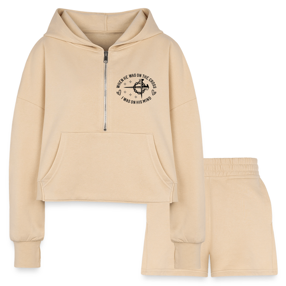 When He Was On The Cross Women's Christian Cropped Hoodie & Jogger Short Set - ClaimedbyGodDesigns