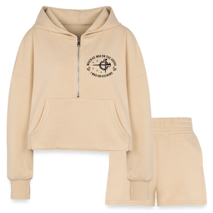 When He Was On The Cross Women's Christian Cropped Hoodie & Jogger Short Set - ClaimedbyGodDesigns