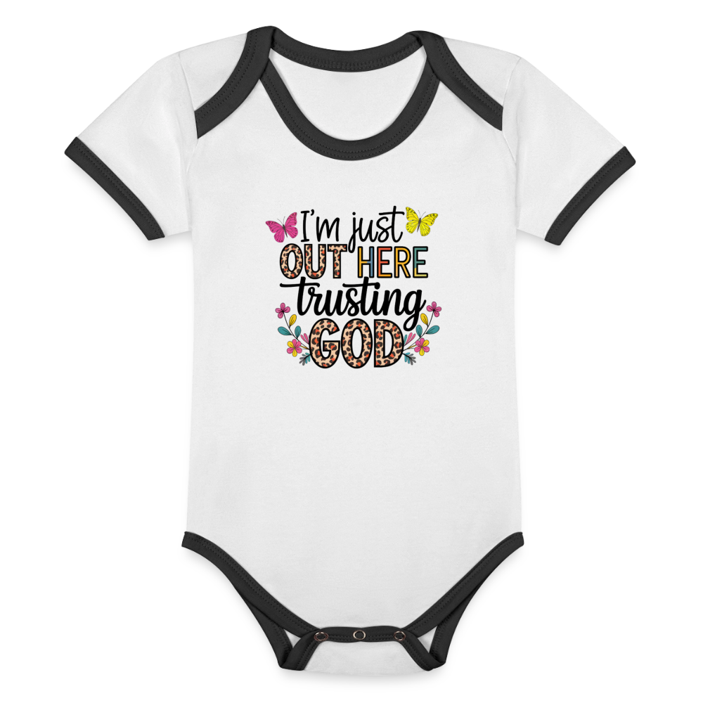 I'm Just Out Here Christian Organic Contrast Short Sleeve Baby Onesie - white/black