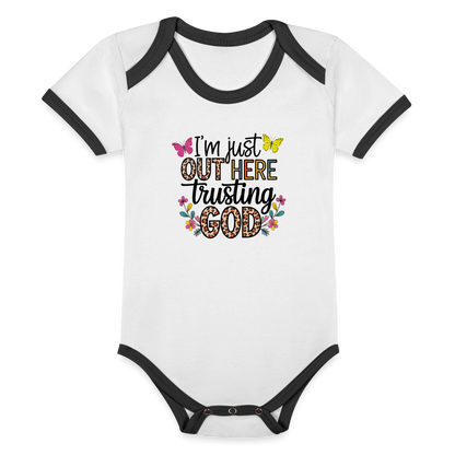 I'm Just Out Here Christian Organic Contrast Short Sleeve Baby Onesie - white/black