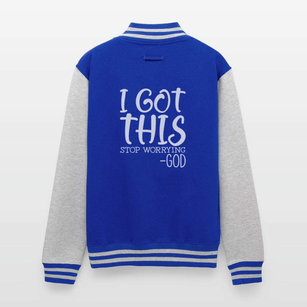 Stop Worrying Men's Christian Heavyweight Letterman Jacket - royal/heather grey