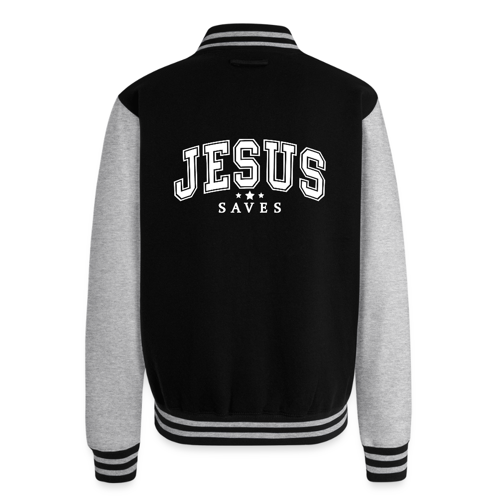 He Saves Men's Christian Heavyweight Letterman Jacket - black/heather grey