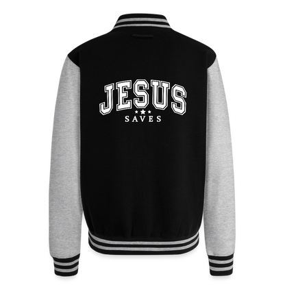 He Saves Men's Christian Heavyweight Letterman Jacket - black/heather grey