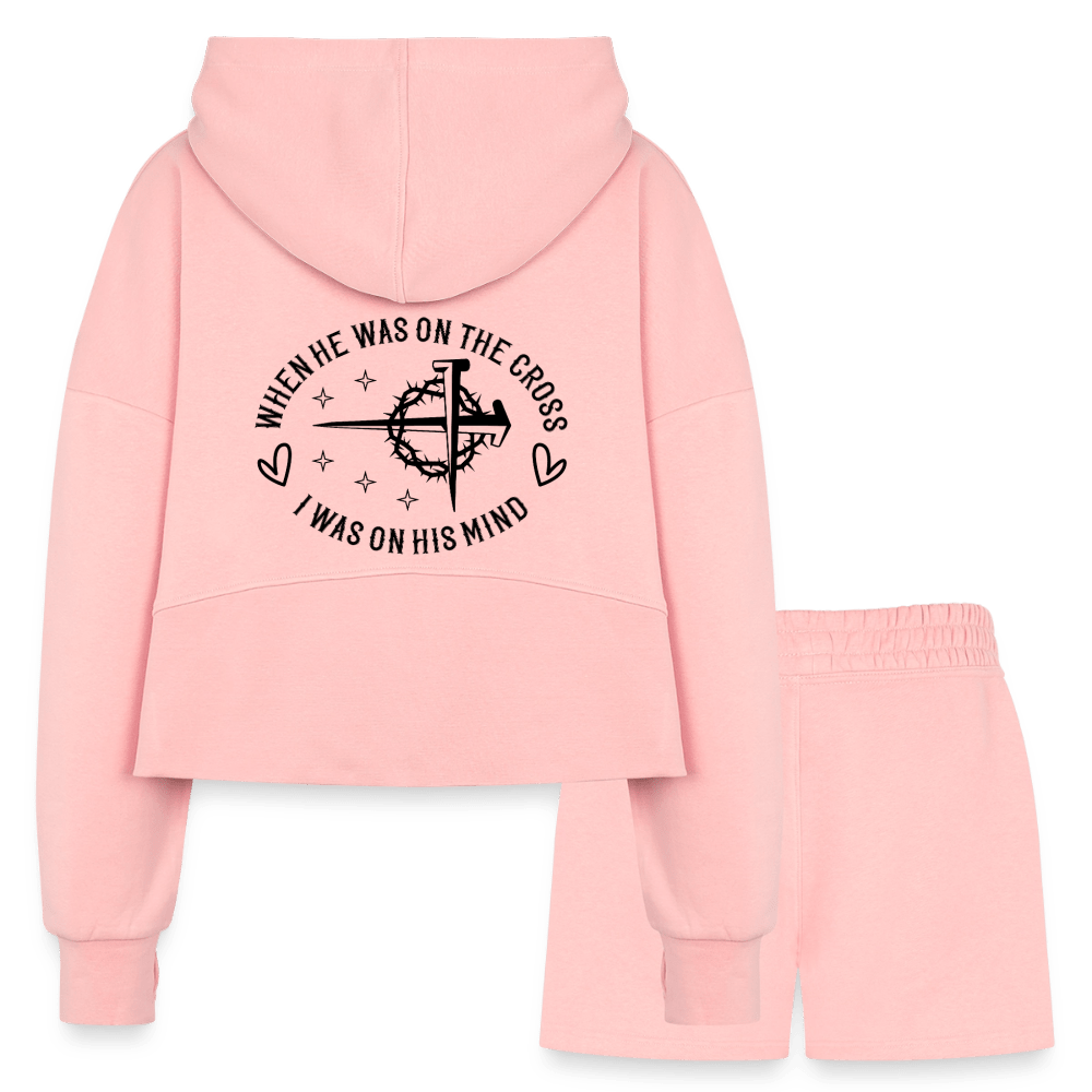 When He Was On The Cross Women's Christian Cropped Hoodie & Jogger Short Set - ClaimedbyGodDesigns