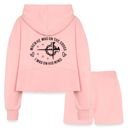 When He Was On The Cross Women's Christian Cropped Hoodie & Jogger Short Set - ClaimedbyGodDesigns