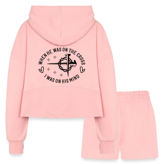 When He Was On The Cross Women's Christian Cropped Hoodie & Jogger Short Set - ClaimedbyGodDesigns