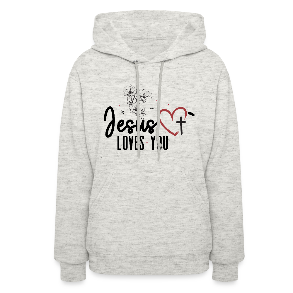 He Loves You Women's Christian Hooded Pullover Sweatshirt - heather oatmeal