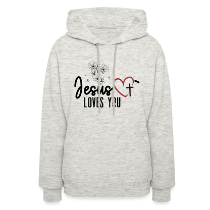 He Loves You Women's Christian Hooded Pullover Sweatshirt - heather oatmeal