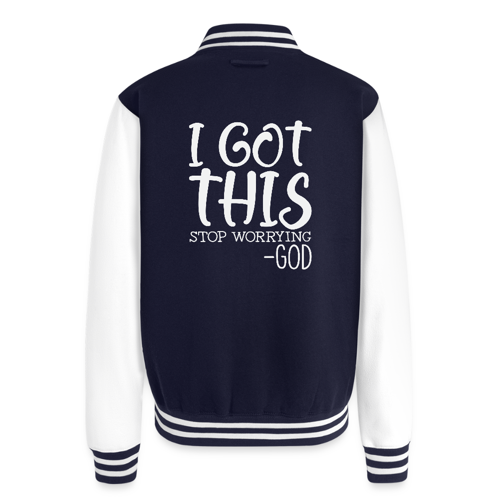 Stop Worrying Men's Christian Heavyweight Letterman Jacket - navy/white