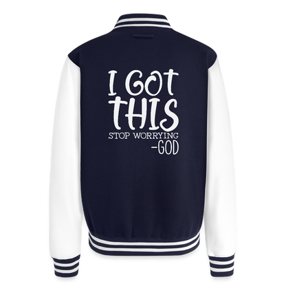 Stop Worrying Men's Christian Heavyweight Letterman Jacket - navy/white