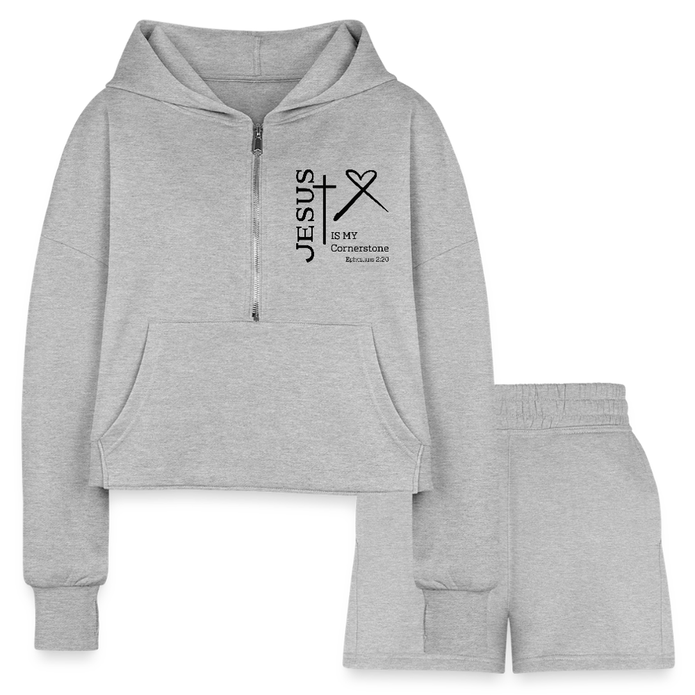 My Cornerstone Women’s Christian Cropped Hoodie & Jogger Short Set Outfit - heather gray