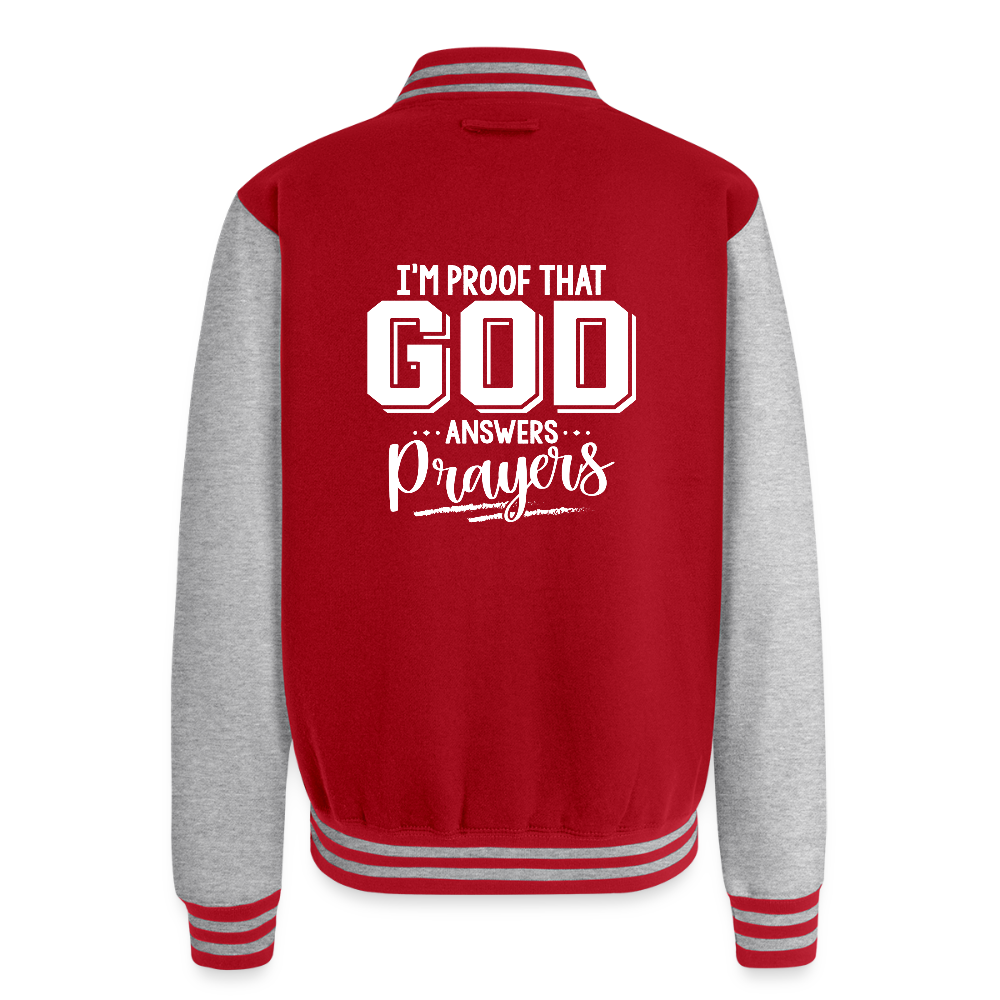 I'm Proof That He Answers Prayers Men's Christian Heavyweight Letterman Jacket - red/heather grey