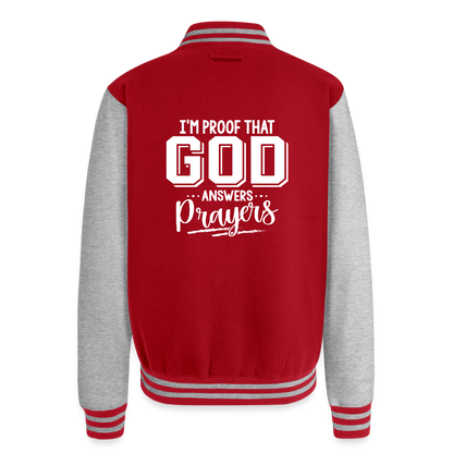 I'm Proof That He Answers Prayers Men's Christian Heavyweight Letterman Jacket - red/heather grey