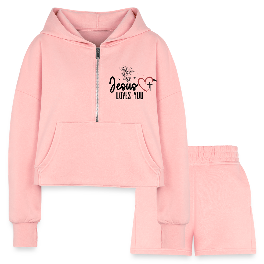 He Loves You Women’s Christian Cropped Hoodie & Jogger Short Set - light pink
