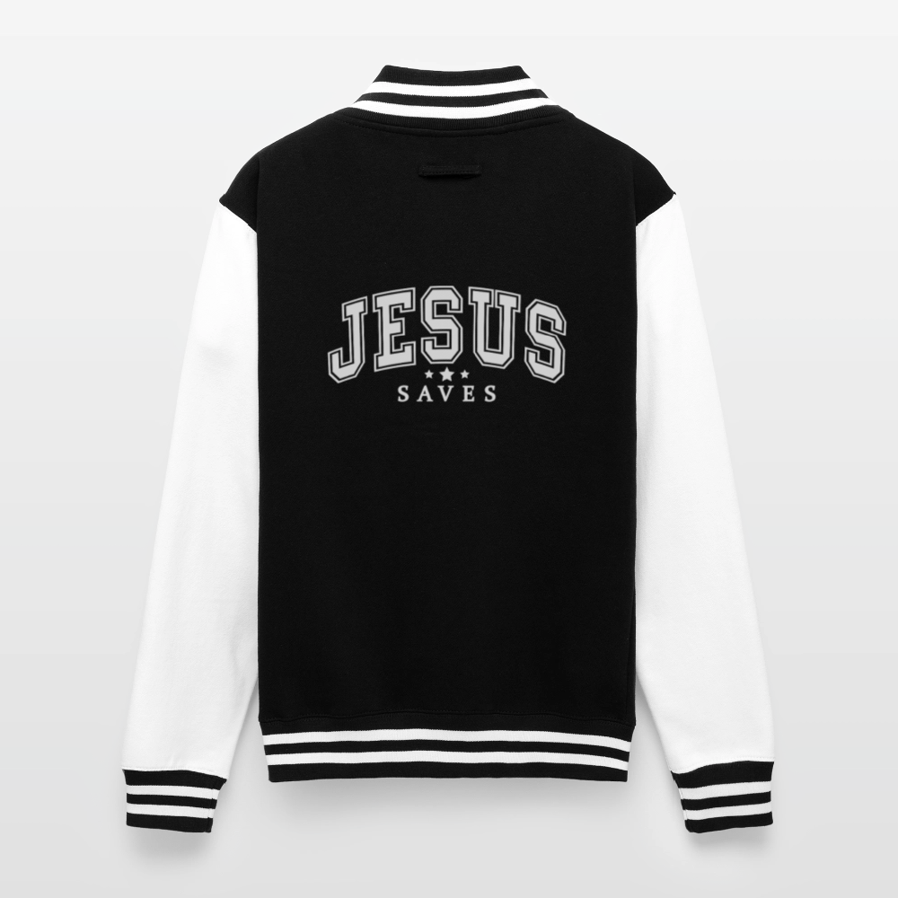 He Saves Men's Christian Heavyweight Letterman Jacket - black/white