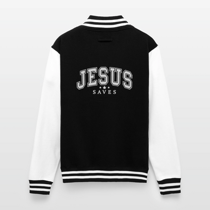 He Saves Men's Christian Heavyweight Letterman Jacket - black/white