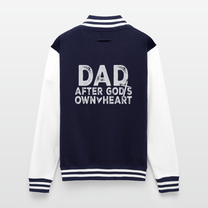 Dad After His Own Heart Men's Christian Heavyweight Letterman Jacket - navy/white